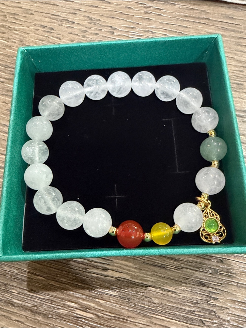 Multicolor Beaded Natural Jade Stretch Bracelet with Gold Tone Hulu Gourd Accent